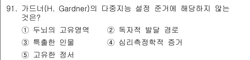 청소년상담사_2급(2교시)(구) 2020년 91번 - 가드너의 다중지능 이론은 다양한 지능 유형을 강조하며, 뇌의 고유영역이나... 에 관한 핵심 기출문제