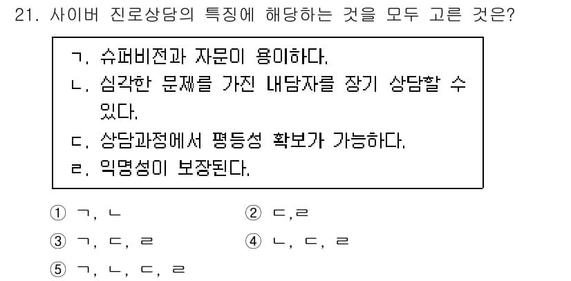 청소년상담사_2급(2교시) 2020년 21번 - 사이버 상담은 비대면 환경에서 진행되기 때문에 자문이 유용하며, 감정적인... 에 관한 핵심 기출문제