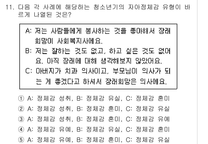 청소년상담사_3급(1교시)(구) 2020년 11번 - 주어진 사례 중 B를 살펴보면, "나는 잘하는 것도 없고, 하고 싶은 것... 에 관한 핵심 기출문제