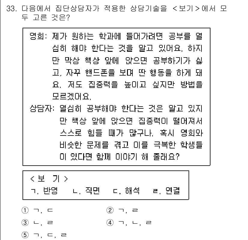 청소년상담사_3급(1교시)(구) 2020년 33번 - 이 문제에서 주어진 상황은 집단상담자가 학생의 문제를 이해하고 함께 해결... 에 관한 핵심 기출문제