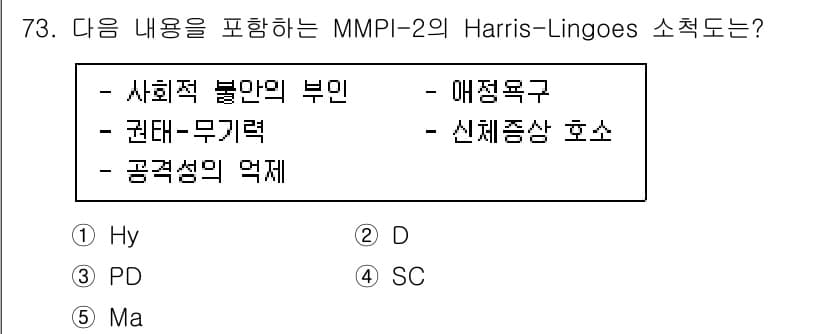 청소년상담사_3급(1교시)(구) 2020년 73번 - 정답 '1(Hy)'는 MMPI-2의 Harris-Lingoes 소적도 중... 에 관한 핵심 기출문제