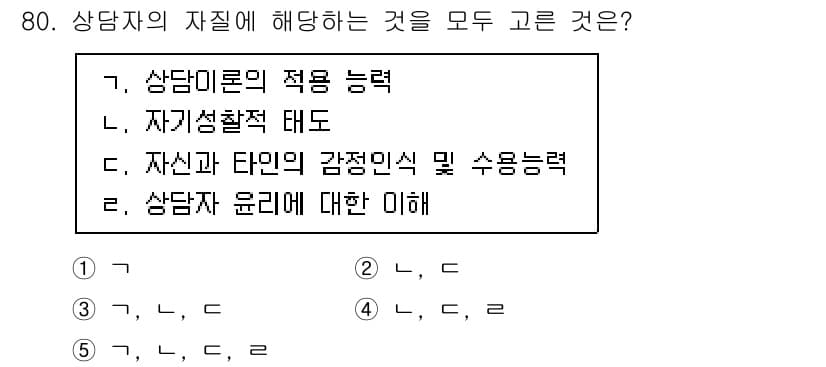청소년상담사_3급(1교시)(구) 2020년 80번 - 상담자의 자질에는 상담이론의 적용 능력, 자기성찰적 태도, 자아 인식 및... 에 관한 핵심 기출문제