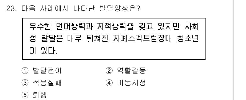 청소년상담사_3급(1교시) 2020년 23번 - 주어진 사례는 우수한 언어능력과 지적 능력을 지니고 있지만 사회성이 결여... 에 관한 핵심 기출문제