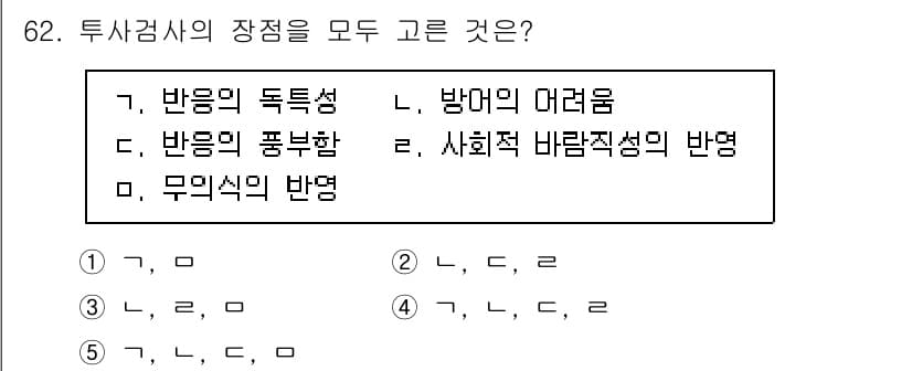 청소년상담사_3급(1교시) 2020년 62번 - 투사검사의 장점은 반응의 독특성과 방어의 어려움입니다. 반응의 풍부함은 ... 에 관한 핵심 기출문제
