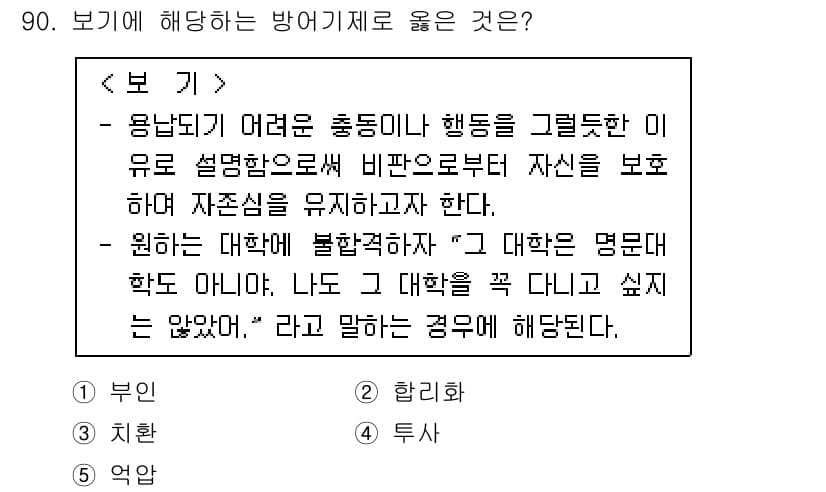 청소년상담사_3급(1교시) 2020년 90번 - 문제에서 언급된 상황은 개인의 자아 존중감과 관련되어 있습니다. '부인'... 에 관한 핵심 기출문제