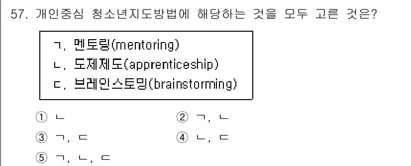 청소년상담사_3급(2교시)(구) 2020년 57번 - 정답 '2'는 멘토링과 도제제도가 개인중심 청소년 지도 방법에 해당하기 ... 에 관한 핵심 기출문제