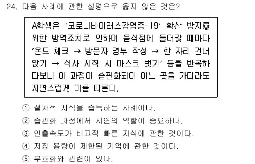 청소년상담사_3급(2교시) 2020년 24번 - 문제에서 A학생의 행동은 습관화 과정을 통해 특정 행동을 반복적으로 수행... 에 관한 핵심 기출문제