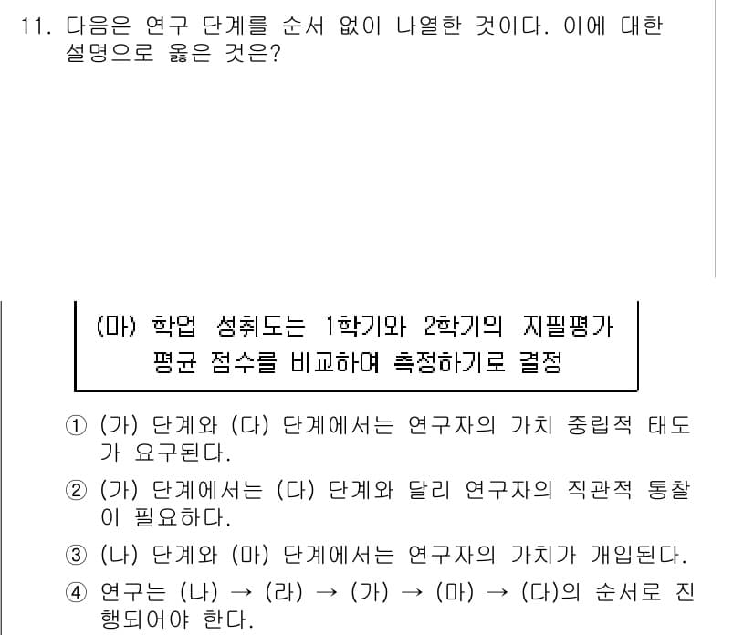 9급_지방직_공무원_사회복지학개론 2020년 11번 - 연구 단계의 설명에서 (마) 단계는 1학기와 2학기의 지필평가 평균 점수... 에 관한 핵심 기출문제