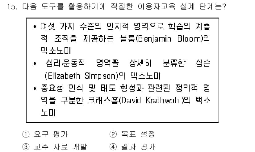 9급_지방직_공무원_정보봉사개론 2020년 15번 - 문제에서 언급된 블룸(Bloom), 심슨(Simpson), 크래스홀(Da... 에 관한 핵심 기출문제