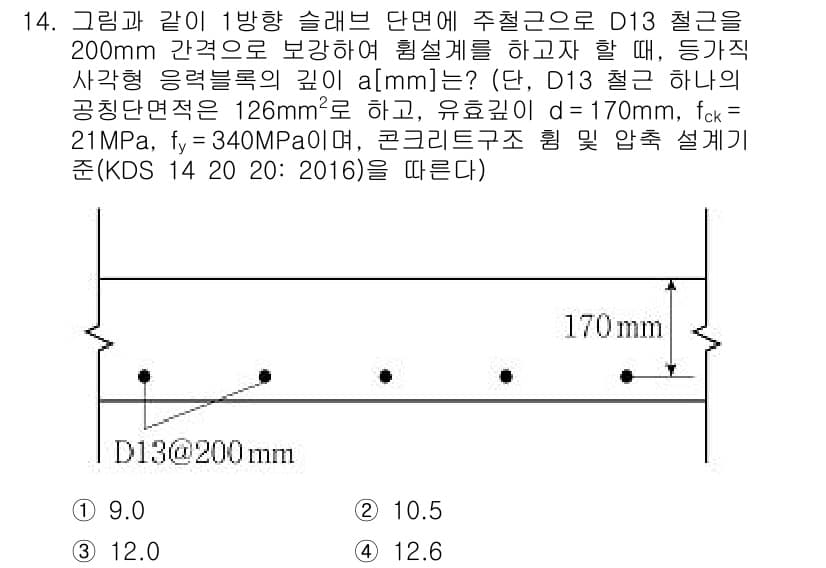 9급_지방직_공무원_토목설계 2020년 14번 - 주어진 문제는 D13 철근을 사용하여 슬래브 설계를 수행할 때의 응력 분... 에 관한 핵심 기출문제