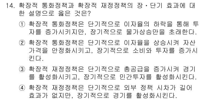 9급_국가직_공무원_경제학개론 2020년 14번 - 확장적 통화정책은 단기적으로 이자율을 낮추어 투자와 소비를 증가시키고, ... 에 관한 핵심 기출문제