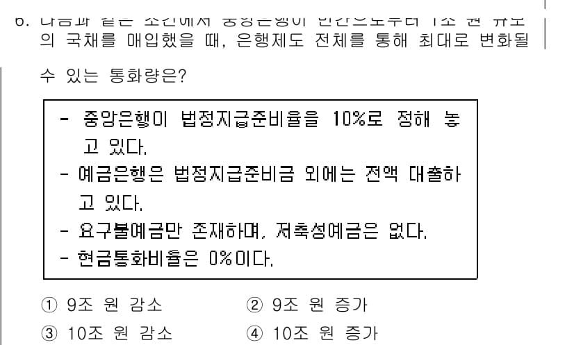 9급_국가직_공무원_경제학개론 2020년 6번 - 주어진 조건에 따르면, 중앙은행이 법정지급준비비율을 10%로 설정한 상태... 에 관한 핵심 기출문제