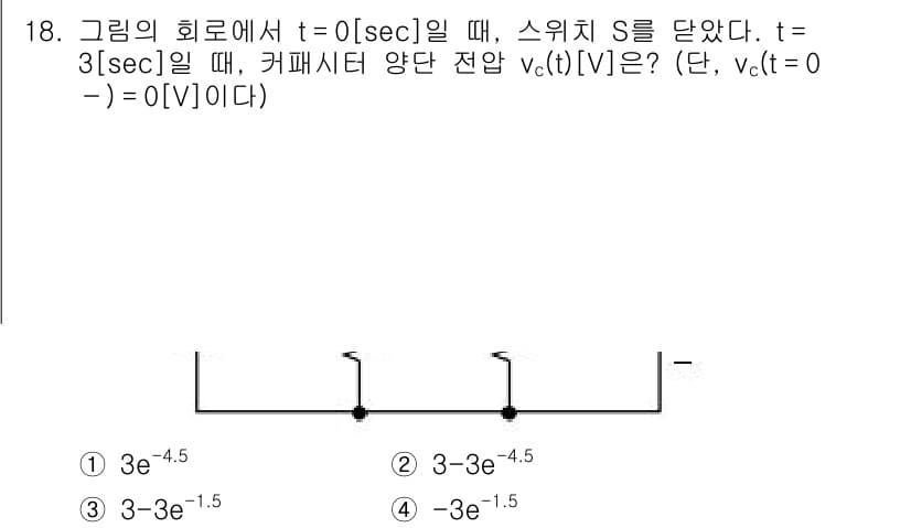 9급_국가직_공무원_전기이론 2020년 18번 - 주어진 회로에서 스위치를 닫았을 때, 커패시터의 전압 변화는 지수 함수로... 에 관한 핵심 기출문제