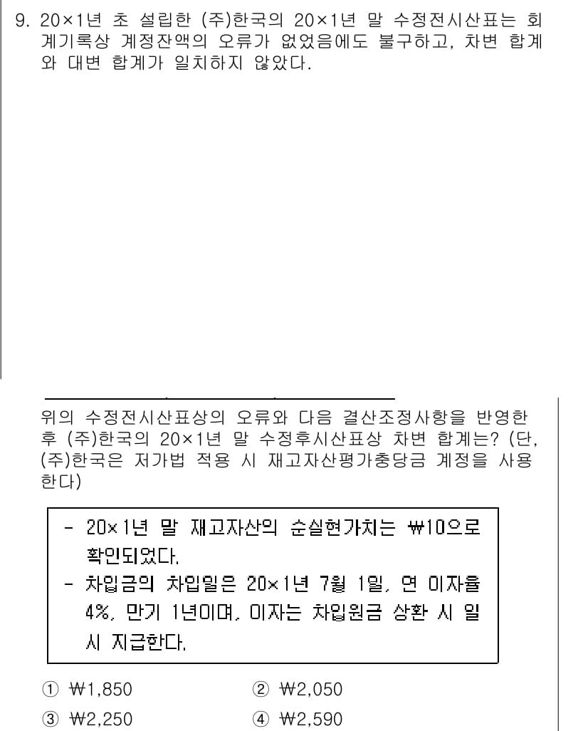 9급_국가직_공무원_회계원리 2020년 9번 - 정답과 핵심 포인트를 검수 중인 기출문제