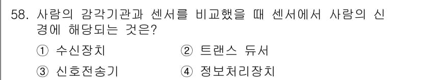 제선기능장 2015년 58번 - 사람의 감각기관은 외부 정보를 수집하고 해석하는 역할을 하며, 센서는 이... 에 관한 핵심 기출문제