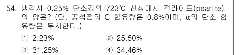 압연기능장 2015년 54번 - 주어진 문제에서 0.25% 탄소강의 보르가 점에서 페라이트(α)와 시멘타... 에 관한 핵심 기출문제