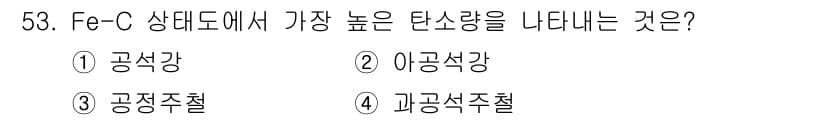 압연기능장 2016년 54번 - Fe-C 상태도에서 가장 높은 탄소 함량을 나타내는 것은 '비강석강'입니... 에 관한 핵심 기출문제