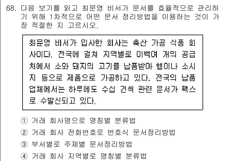 비서_1급 2020년 68번 - 이 문제에서 요구하는 것은 문서를 효율적으로 관리하기 위한 정리 방법입니... 에 관한 핵심 기출문제