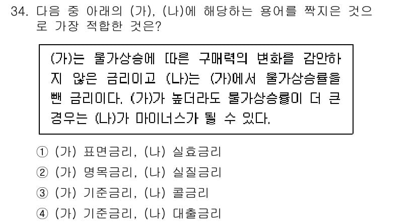 비서_2급 2020년 34번 - 주어진 설명에서 (가)는 구매력의 변화를 반영하지 않는 금리를 나타내고,... 에 관한 핵심 기출문제