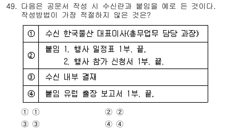 비서_3급 2020년 49번 - 정답 '2'는 수신과 발신의 구분이 명확하게 이루어져야 하는 공문서 작성... 에 관한 핵심 기출문제
