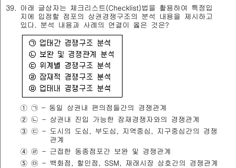 유통관리사_2급 2020년 39번 - 정답 '3'은 도시, 부도심, 지역중심, 지구중심 간의 경쟁관계를 분석하... 에 관한 핵심 기출문제