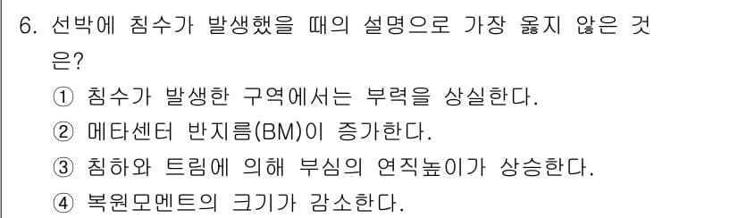 9급_지방직_공무원_서울시_선박일반 2020년 6번 - 정답 '2'는 설명이 맞지 않습니다. 선박에 침수가 발생할 경우 메타센터... 에 관한 핵심 기출문제