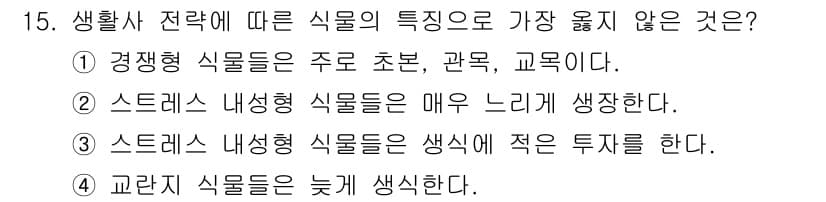 9급_지방직_공무원_서울시_조경계획및생태관리 2020년 15번 - 교란지 식물들은 일반적으로 적응력이 뛰어나고 생장 속도가 빠르며, 환경 ... 에 관한 핵심 기출문제