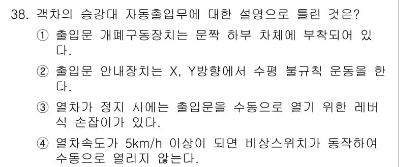 철도차량정비기능장 2016년 38번 - 정답이 '1'인 이유는 출입문 개폐구동장치는 운전 시 안전을 위해 문짝을... 에 관한 핵심 기출문제