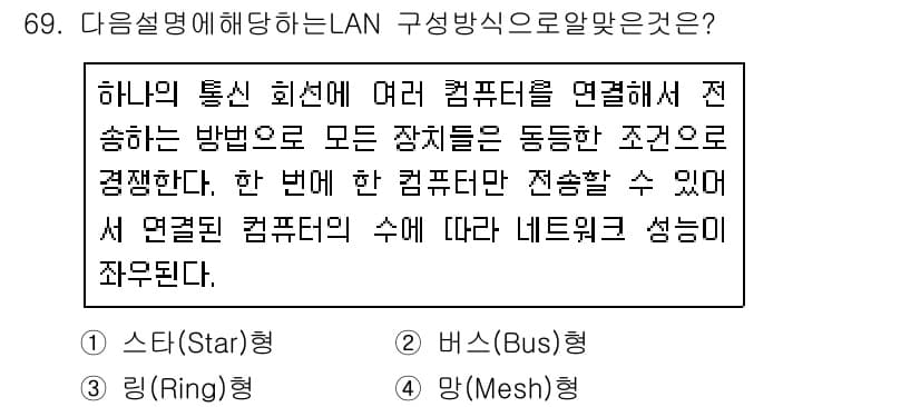 리눅스마스터_2급 2020년 69번 - 주어진 설명은 '버스(Bus)형' LAN 구성 방식에 대한 것이다. 이 ... 에 관한 핵심 기출문제