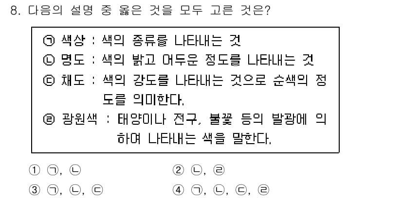 귀금속가공산업기사 2016년 8번 - 4번이 정답인 이유는 각 설명이 색상, 명도, 채도, 광원색 각각의 정확... 에 관한 핵심 기출문제