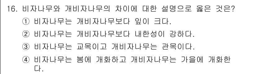 임업종묘기능사 2015년 16번 - 비자나무와 가비자나무의 차이는 비자나무가 내한성이 강하다는 점에 있습니다... 에 관한 핵심 기출문제