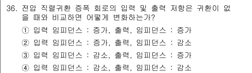 반도체커스텀레이아웃산업기사 2016년 36번 - 전압 직렬회로에서 입력 및 출력 저항이 귀환이 없을 때, 입력 임피던스는... 에 관한 핵심 기출문제