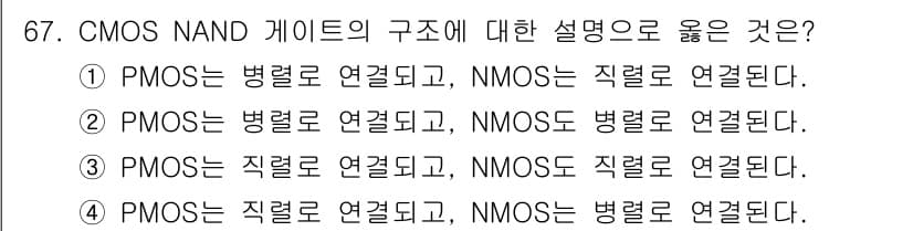반도체커스텀레이아웃산업기사 2016년 67번 - CMOS NAND 게이트는 PMOS가 병렬로 연결되고 NMOS가 직렬로 ... 에 관한 핵심 기출문제