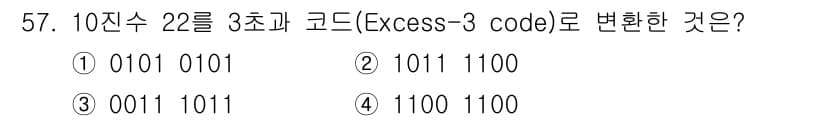 반도체커스텀레이아웃산업기사 2017년 57번 - 10진수 22를 Excess-3 코드로 변환할 때, 각 자리수에 3을 더... 에 관한 핵심 기출문제