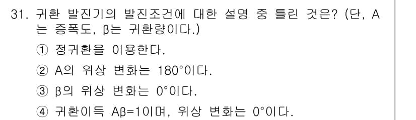 반도체커스텀레이아웃산업기사 2018년 31번 - 주어진 문제에서 귀환 발진기의 발진 조건을 설명할 때, β의 위상 변화가... 에 관한 핵심 기출문제