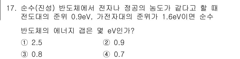 반도체커스텀레이아웃산업기사 2019년 17번 - 반도체 에너지 갭은 전도대와 가전자대의 에너지 차이로 계산됩니다. 주어진... 에 관한 핵심 기출문제