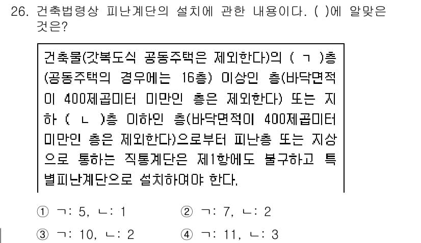 경비지도사_2차(소방학) 2020년 26번 - 주어진 문제에서 건축물의 피난계단 설비 기준을 다루고 있습니다. 16층 ... 에 관한 핵심 기출문제
