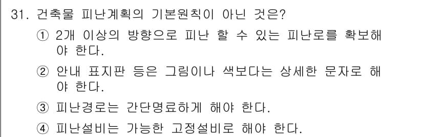 경비지도사_2차(소방학) 2020년 31번 - 정답 '2'는 안내 표지판이 그래픽이나 색상보다 상세한 문자로 되어야 한... 에 관한 핵심 기출문제