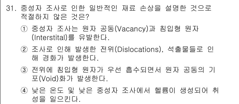 원자력기사 2015년 31번 - 중성자 조사로 인해 낮은 온도와 낮은 압력에서 헬륨이 생성되어 취성을 일... 에 관한 핵심 기출문제