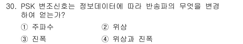무선설비기사 2020년 30번 - PSK(위상 변조) 변조 방식은 정보 데이터에 따라 반송파의 위상을 변화... 에 관한 핵심 기출문제