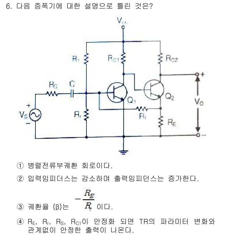무선설비기사 2020년 6번 - 정답인 '4'는 회로의 안정성에 관한 설명으로, 저항 Re, Rr, Rs... 에 관한 핵심 기출문제