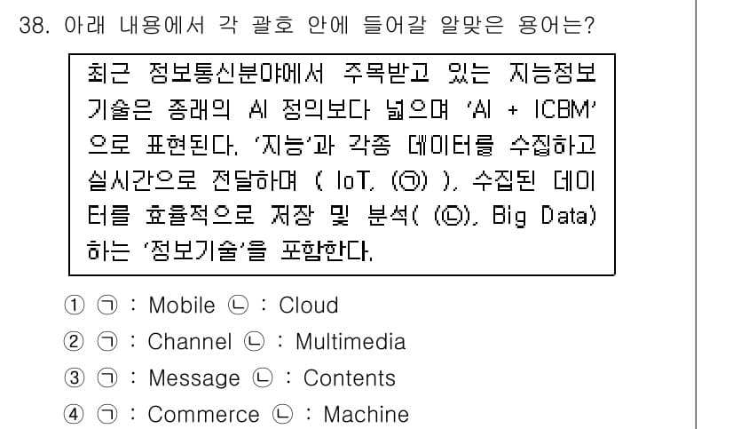 IoT지식능력검정 2018년 38번 - 주어진 내용은 'AI + ICBM'에 관련된 정보 기술의 범위를 설명하고... 에 관한 핵심 기출문제