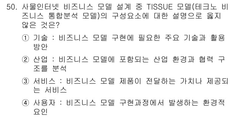 IoT지식능력검정 2018년 50번 - TISSUE 모델의 구성 요소 중 '사용자'는 비즈니스 모델 구체화 과정... 에 관한 핵심 기출문제