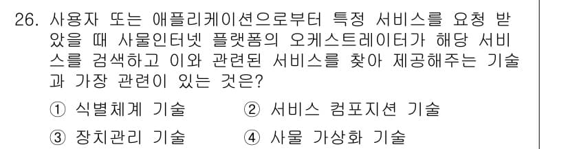 IoT지식능력검정 2019년 26번 - 주어진 문제에서 사용자가 특정 서비스를 요청할 때, 인터넷 플랫폼의 오케... 에 관한 핵심 기출문제