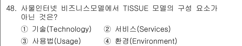 IoT지식능력검정 2019년 48번 - TISSUE 모델은 정보통신기술 기반의 비즈니스 모델을 설명할 때 사용하... 에 관한 핵심 기출문제