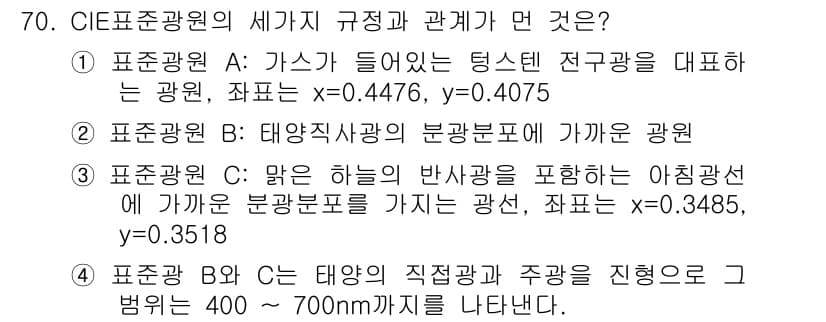 인쇄설계기사 2015년 70번 - 이 문제에서 CIE 표준광원의 세 가지 규정은 서로 다른 조명의 스펙트럼... 에 관한 핵심 기출문제