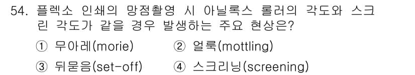 인쇄설계기사 2020년 54번 - 플렉소 인쇄에서 아닐록스 롤러의 각도와 스크린 각도가 일치하지 않을 경우... 에 관한 핵심 기출문제