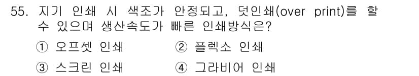 인쇄설계기사 2020년 55번 - 정답 '4'인 그래비어 인쇄는 고속 인쇄가 가능하고 색상이 안정적이며 덧... 에 관한 핵심 기출문제