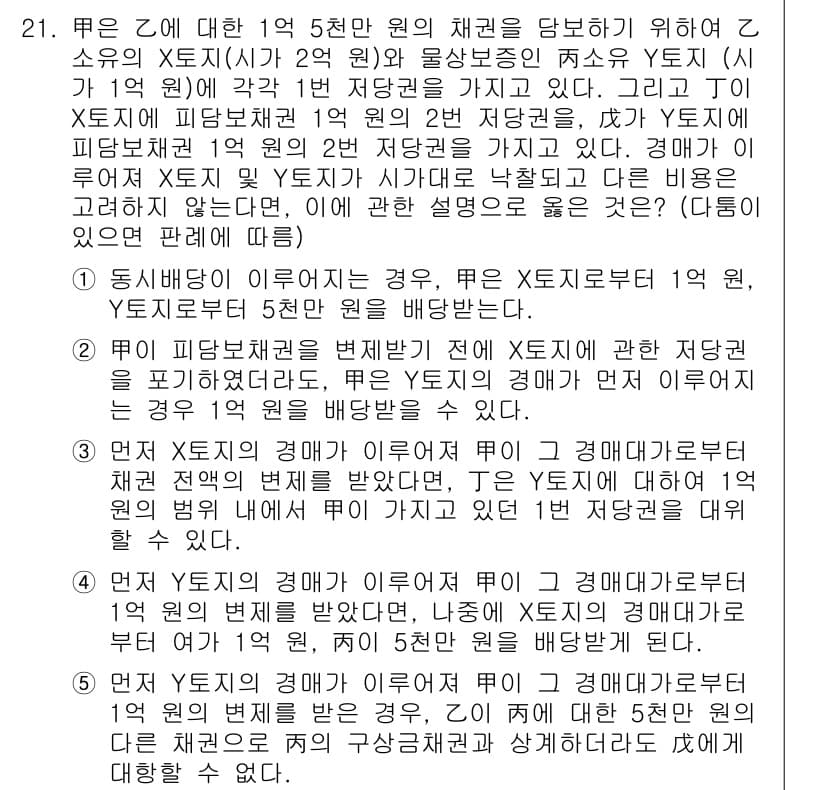 변리사_1차(2교시) 2020년 20번 - 문제의 핵심은 채권 이행에 대한 우선 순위와 배당 방식입니다. 제시된 상... 에 관한 핵심 기출문제