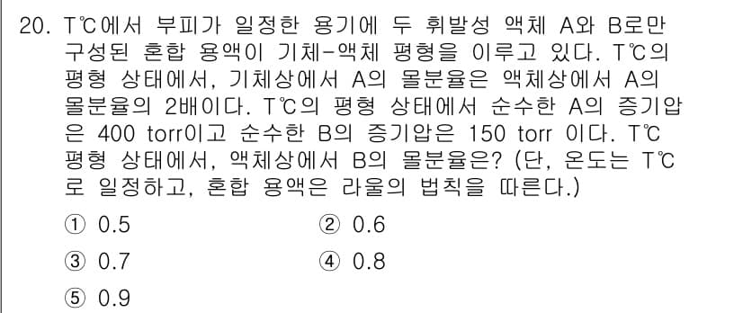 변리사_1차(3교시) 2020년 20번 - 온도 T°C에서 정상이혼용액의 경우, Raoult의 법칙에 따르면 각 성... 에 관한 핵심 기출문제